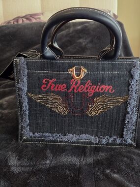 True Religion Black Denim Mini Tote with Red Script and Gold Stud Wings